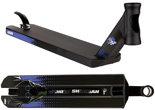 The Lucky Jayden Sharman V4 Signature Stunt Scooter Deck (5" x 19.5") features a black/blue 6061-T6 aluminum deck with "Sharkman" and "Lucky" text, shark graphic, black headtube with signature—ideal for technical riding.