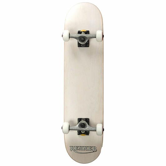 A top-down view of a Renner Pro Series White Complete Skateboard, measuring 7.75" x 31", showcases a plain light-colored deck crafted from 7 Ply Canadian Maple with white wheels. The word "RENNER" is elegantly printed at the bottom, hinting at its precision-engineered ABEC 9 bearings.