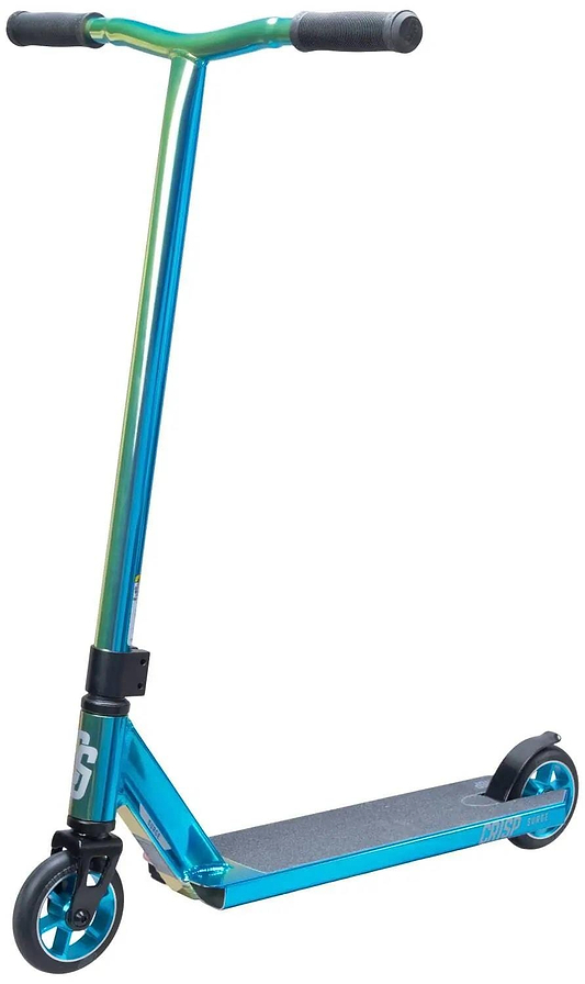 The Crisp Surge Complete Stunt Scooter - Full Neochrome by Crisp features a neochrome finish, black handlebar grips, black deck grip tape, and two small wheels—one at the front and one at the rear—shown against a white background.