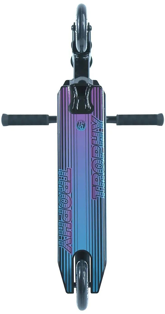 The Crisp Trophy Complete Stunt Scooter boasts a colorful, striped deck displaying "TROPHY" boldly. Designed for beginner riders, it includes black handlebars and two wheels made from durable high-tensile steel, perfect for adventurous rides.