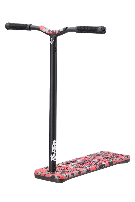 Introducing the Blunt Envy TS Pro 7.5 Indoor Trampoline Stunt Scooter - Red Camo, featuring a sleek freestyle design with a striking red camo pattern. Equipped with customizable black T-shaped handlebars, this scooter offers a modern and professional look suitable for both expert riders and those aspiring to enhance their skills.