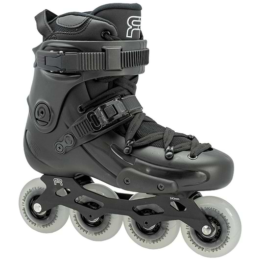 The FR Skates FR2 80 Inline Skates - Black, offered by FR Skates, boast a streamlined black design equipped with adjustable straps and high ankle support, making them ideal for freestyle skating. These skates feature four white wheels and rockerable R2 frames, along with secure laces and buckles, perfect for recreational or urban adventures.
