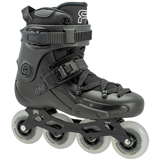 The FR Skates FR2 80 Inline Skates - Black, offered by FR Skates, boast a streamlined black design equipped with adjustable straps and high ankle support, making them ideal for freestyle skating. These skates feature four white wheels and rockerable R2 frames, along with secure laces and buckles, perfect for recreational or urban adventures.