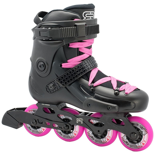 The FR Skates FRW 80 Women's Inline Skates in black and pink are ideal for freeride enthusiasts. These skates boast a sleek black design highlighted with pink wheels and laces, alongside premium FR liners that provide high ankle support. The adjustable straps add to the exceptional comfort and style these skates offer for your ride.