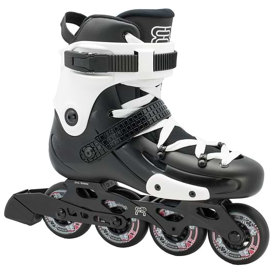 The FR Skates FRW 80 Women's Inline Skates in black and white feature four durable FR Street Kings wheels, adjustable straps, and a sturdy frame ideal for freeride skaters. The wheels prominently display the FR Skates branding.