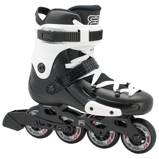 The FR Skates FRW 80 Women's Inline Skates in black and white feature four durable FR Street Kings wheels, adjustable straps, and a sturdy frame ideal for freeride skaters. The wheels prominently display the FR Skates branding.