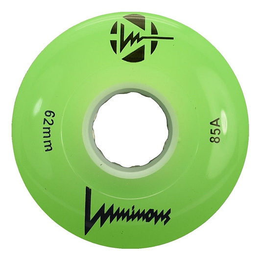 The Luminous LED 85A Quad Roller Skate Wheel in bright green features a hollow center, "62mm" and "85A durometer" markings, black stylized "Luminous" branding, and a black graphic logo.