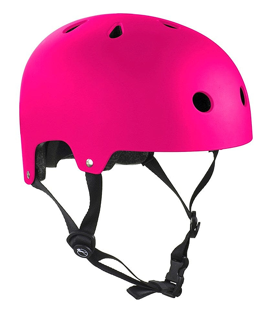 The SFR Essentials Skate / Scooter Helmet in Matt Fluo Pink offers enhanced protection, features black adjustable straps, and multiple ventilation holes, viewed from the side.