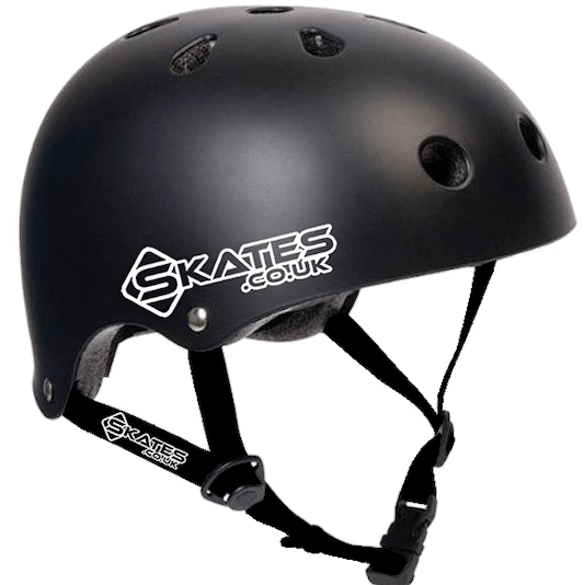 Introducing the Skates.co.uk ABS Skate/Scooter Helmet in Black/White, a stylish helmet designed with ventilation holes and an adjustable strap for a snug fit. The helmet prominently displays the Skates.co.uk logo on both the side and strap, ensuring you look fashionable while staying safe on your ride.