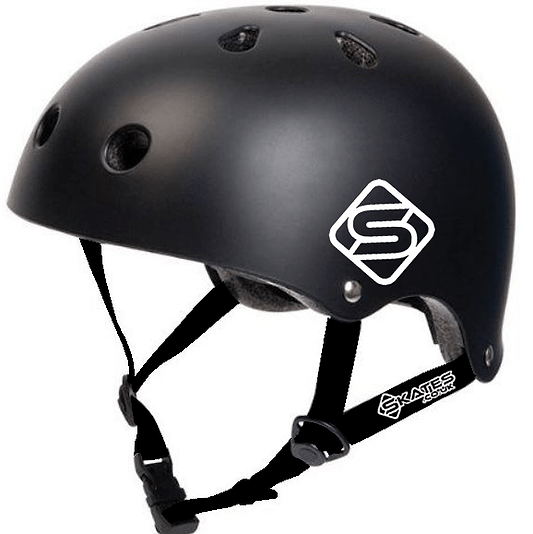 Introducing the Skates.co.uk ABS Skate/Scooter Helmet in Black/White: This helmet comes equipped with ventilation holes and an adjustable chin strap. It features a stylish white "S" logo on the side, making it a practical and fashionable choice for skaters.