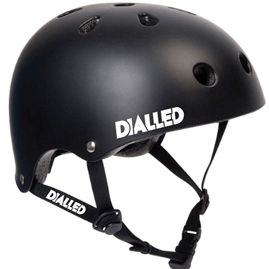 Introducing the Dialled Protection Adjustable Skate / Scooter Helmet in Black/White, designed with a durable ABS shell, multiple vents, and a convenient dial adjuster for enhanced safety and comfort.