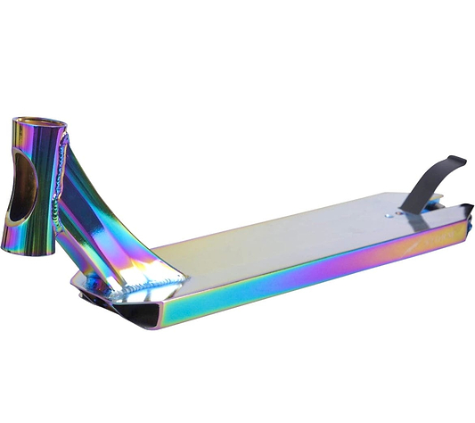 Introducing the Revolution Storm Neochrome Stunt Scooter Deck by Revolution: a stunning multicolored, metallic deck with an integrated neck and headtube. Its surface shimmers with vibrant hues of green, yellow, and purple. Ideal for skatepark designs, it is completed with a sleek black brake at the rear end.