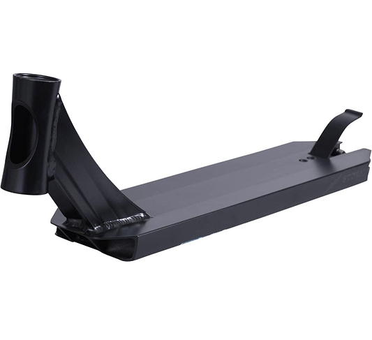 The Revolution Storm Black Stunt Scooter Deck, brought to you by Revolution, is displayed without wheels or a handlebar. It features a robust headtube design and an effective rear brake, making it ideal for dedicated park riders. The minimalist frame showcases a matte finish, perfect for freestyle tricks.
