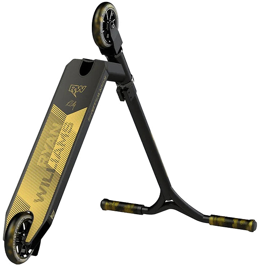 The Nitro Circus Ryan Williams Signature Replica 2025 Complete Stunt Scooter in black features yellow grip-accented handlebars, two small wheels, and a textured deck, shown with the deck angled upward.