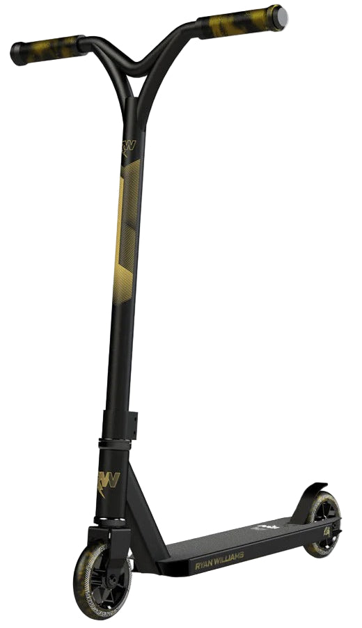 The Nitro Circus Ryan Williams Junior Replica 2025 Stunt Scooter in black features gold accents, a wide handlebar, small wheels, and "Ryan Williams" on the deck—ideal for young Nitro Circus fans.
