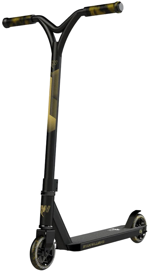 The Nitro Circus Ryan Williams Signature Replica 2025 Complete Stunt Scooter in black features a T-bar handle, solid deck, two small wheels, and gold accents on the deck and handlebar—ideal for beginners. "Ryan Williams" is printed on the side.