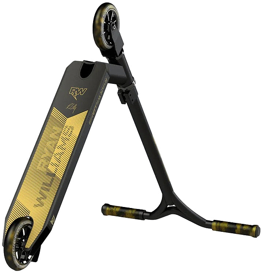 The Nitro Circus Ryan Williams Junior Replica 2025 Complete Stunt Scooter in black sports yellow highlights, a geometric deck with "RW" initials, and raised end to show wheels and grips—perfect for junior stunt riders and Nitro Circus fans.