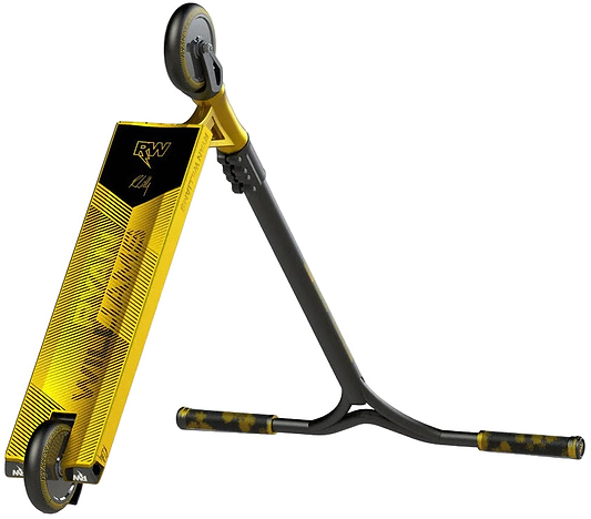 The Nitro Circus Ryan Williams Signature Replica 2025 Complete Stunt Scooter in Gold/Black features a wide deck, RW logo, textured footplate, black handlebars with gold accents, and two small wheels—ideal for beginner riders.