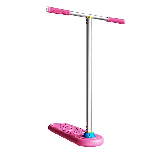 The INDO Pro Indoor Trampoline Stunt Scooter - Pink Pop, featuring T-style handlebars and a textured deck, is ideal for the pro-level rider aiming to enhance their skills. Showcased against a white background, this scooter highlights its design and functionality.