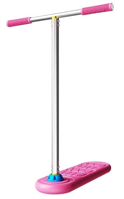 The INDO Pro Indoor Trampoline Stunt Scooter in Pink Pop, by the brand INDO, is designed with a flat, wide base and T-shaped handles to enhance balance and jumping. It's perfect for pro-level riders aiming to elevate their skills with style.