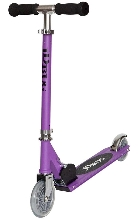The JD Bug Junior Street MS100 Kids Kick Scooter in matt purple features black handlebars, a foldable design, and a lightweight footboard with silver accents. Ideal for kids, it includes two wheels, a rear wheel metal fender brake, and visible branding on the handlebar and footboard.