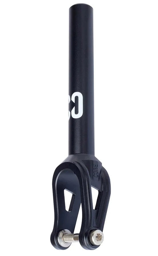 Introducing the CORE SL2 IHC Stunt Scooter Fork in black, showcasing a sleek design with a cylindrical neck and angled bottom. This aluminum fork is emblazoned with the "CORE" logo and includes bolts at the base for secure attachment.