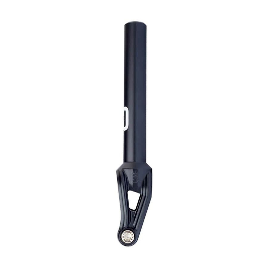 The CORE SL2 IHC Stunt Scooter Forks in black feature a sleek anodized finish with a cylindrical upper section and a triangular cutout near the axle. Adorned with a white CORE logo on the side, this fork is designed to be compatible with scooter wheels.