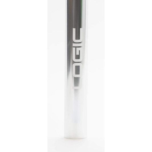 Close-up of a metal cylinder with "LOGIC" printed vertically in bold white letters on a reflective surface, highlighting the lightweight design of the Logic Axis V2 Aluminium Oversized IHC Stunt Scooter Bars in Chrome. The sleek 610mm x 610mm aluminium bars stand out against the plain white background.