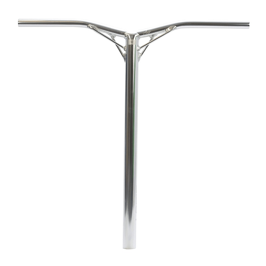 The Logic Axis V2 Aluminium Oversized IHC Stunt Scooter Bars, available in a chrome finish, showcase a sleek T-shaped design made from aluminium. These 610mm x 610mm handlebars are reinforced near the top crossbar, offering a lightweight and minimalist aesthetic that stands out against a plain white background.