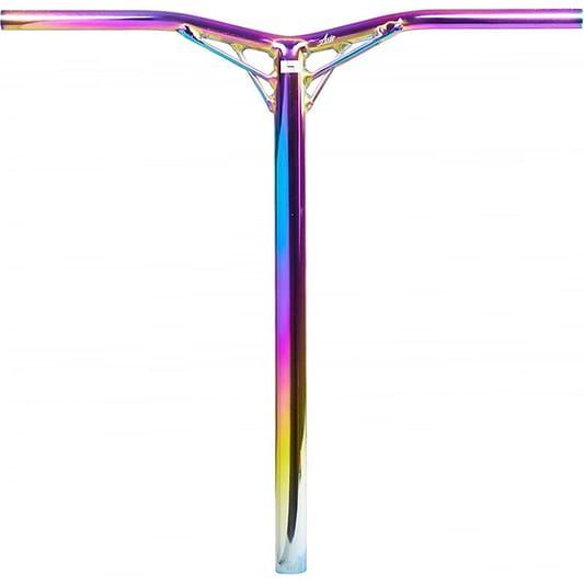 Logic Axis Aluminium Oversized SCS Stunt Scooter Bars by Logic, Neochrome finish (610mm x 610mm), feature a metallic rainbow color, T-shaped design, lightweight aluminum construction, and central support bar against a white background.