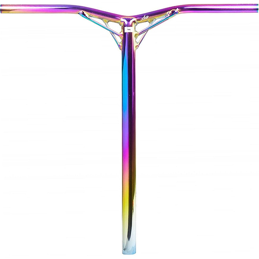 Introducing the Logic Axis Aluminium Oversized IHC Stunt Scooter Bars - Neochrome by Logic: a T-shaped scooter handlebar featuring a stunning neochrome finish with vibrant gradients of purple, blue, yellow, and pink on a sleek white background. Made from aluminium, these 610mm by 610mm bars offer both lightweight design and enhanced performance.