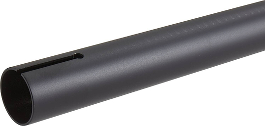 A close-up of a black cylindrical metal tube closely resembles the sleek Longway Kronos Titanium Oversized HIC Stunt Scooter T-Bars. It features a narrow slit along one side and boasts a smooth, reflective surface under the light, much like a custom scooter handlebar. Positioned horizontally against a plain white background, this product exudes modern elegance.
