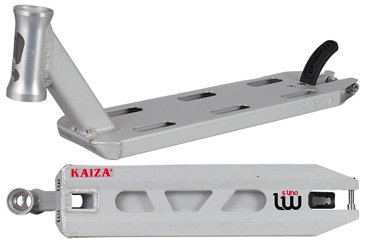 Close-up of a silver scooter deck with cut-out designs and a rear brake. The "Longway S-Line Kaiza+" logo is prominently displayed, featuring angular design elements and a sleek, metallic finish.
