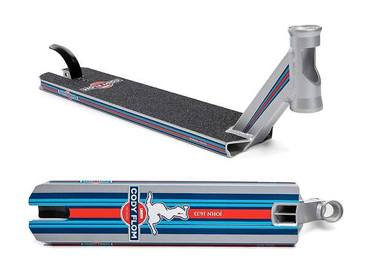 The Lucky Cody Flom Signature V3 Stunt Scooter Deck from Lucky is a metallic deck measuring 4.8" x 20.5", featuring an eye-catching design in red, blue, and silver. It prominently displays a logo alongside a figure holding a scooter, while the black grip tape also bears the logo. Shown from top and side perspectives, it's ideal for dedicated scooter enthusiasts.