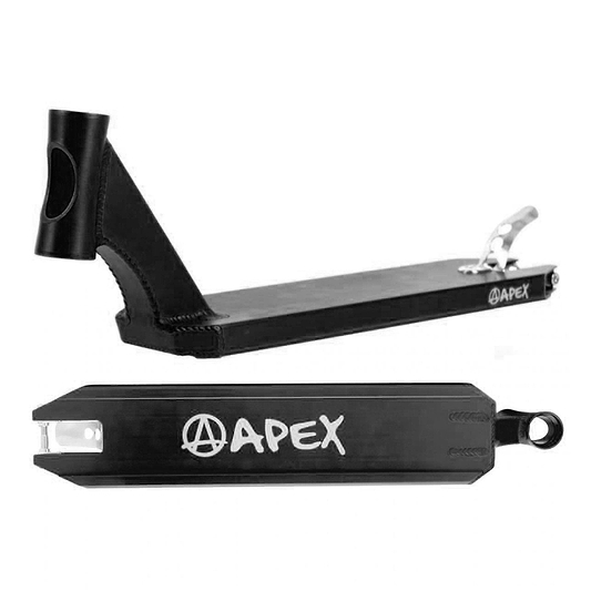 The Apex Pro Black Stunt Scooter Deck, measuring 4.5" x 19.3", is displayed from both the side and bottom views. The side view emphasizes the head tube and grip area, highlighting its light yet durable construction, while the bottom view features the iconic Apex logo.