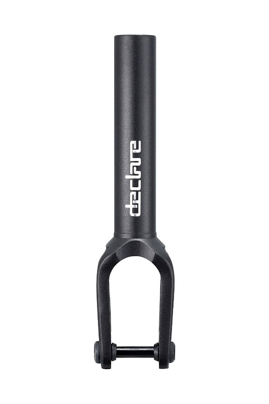 Close-up of a Blunt Envy Declare V2 SCS/HIC stunt scooter fork, featuring the brand "Blunt Envy" in white text on the tube. Made from CNC aluminium, this black fork has a sleek matte finish and two prongs at the bottom for attaching wheels and wheel spacers, complete with a bolt. The background is plain white.