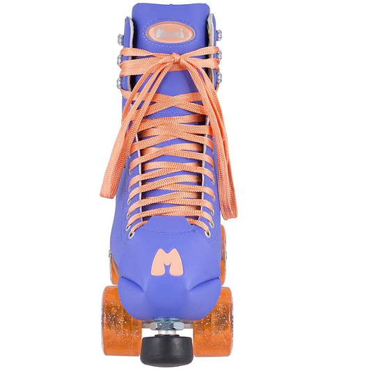 Front view of a vibrant Moxi Beach Bunny Quad Roller Skate in periwinkle with a purple high-top boot and orange laces. This skate, from the brand Moxi, features outdoor wheels and displays a logo on the tongue, creating a colorful, retro appearance.