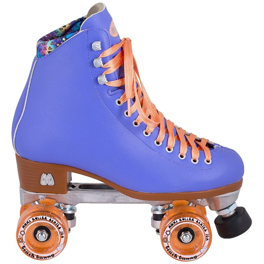 The Moxi Beach Bunny Quad Roller Skates - Periwinkle are lively blue high-top boots designed for outdoor use, featuring orange laces and wheels. These skates come with a brown heel and durable metal plate, complemented by a vibrant floral pattern on the inner ankle area. The orange and black wheels, along with the stopper, make them ideal for outdoor adventures.