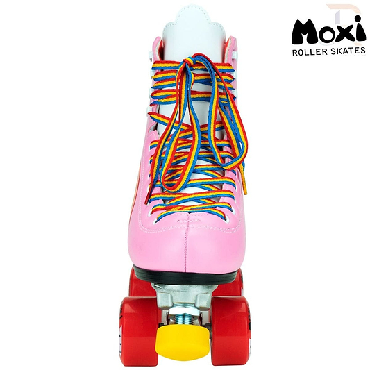 A close-up of a Bubblegum Pink Moxi Rainbow Quad Roller Skate, ideal for the beginner recreational skater embarking on outdoor adventures.