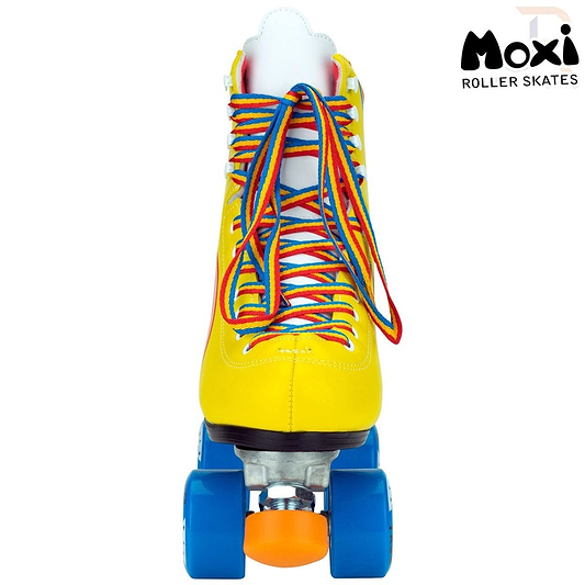A lively sunset yellow Moxi Rainbow Quad Roller Skate, featuring colorful rainbow laces and blue wheels, is displayed from the front. The "Moxi" logo adorns the top right corner, embodying a seamless fusion of style and performance in these outdoor quad roller skates.
