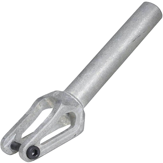 The Native Stem SCS/HIC Stunt Scooter Fork - Raw is a robust scooter fork with a cylindrical stem and two-pronged base, making it perfect for street riding. Its silver hue conveys strength and reliability, rendering it an excellent choice for beginner riders seeking precise steering by attaching it to their scooter's front wheel.