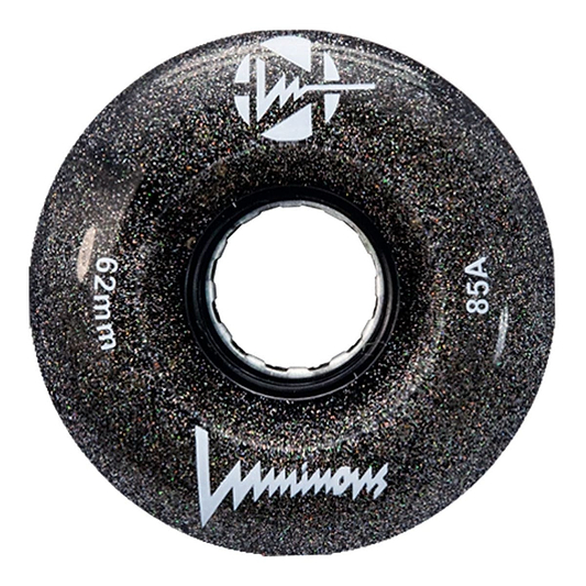 The Luminous LED 85A Quad Roller Skate Wheel in Night Sky (62mm) features a black glittery finish with white "62mm" and "85A durometer" text, plus the Luminous brand name, and a central hole for mounting on your skate axle.