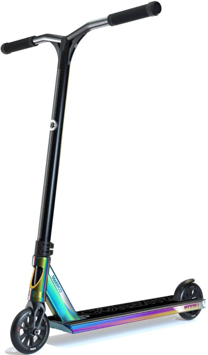 The Lucky Covenant 2022 Complete Stunt Scooter in Oil Slick Neochrome features a striking design with a black handlebar and an iridescent deck that echoes the sleek aesthetic of the iconic model. It sports black wheels and grips, while prominently showcasing its logo and branding on the deck. Its modern and stylish appearance makes it ideal for any enthusiast.