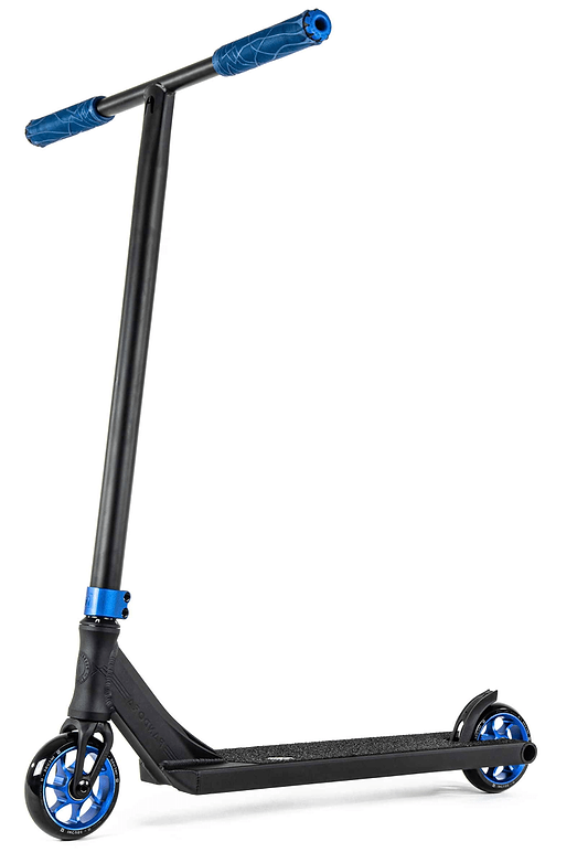 The Ethic DTC Pandora Complete Stunt Scooter (L) – Blue is a street-oriented scooter featuring a black and blue design. It includes a chromoly steel T-bar with vibrant blue grips and wheel rims, complemented by a textured deck surface for enhanced grip. The scooter stands confidently upright on its wheels, making it both stylish and functional.