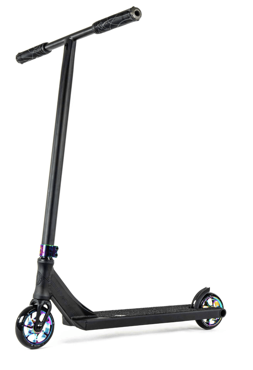 The Ethic DTC Pandora Complete Stunt Scooter in a striking Neochrome finish is ideal for street riding, boasting multicolored wheels and a robust chromoly steel T-bar handlebar, all set against a plain white background.