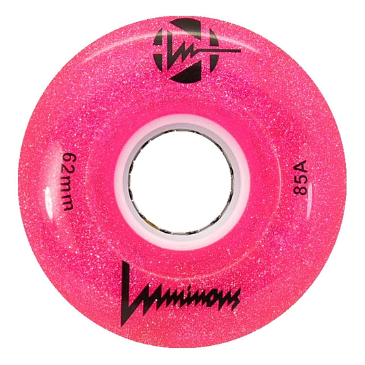 The Luminous LED 85A Quad Roller Skate Wheel in Pink Glitter (62mm) by Luminous features a white core, glossy circular finish, and black brand logo.