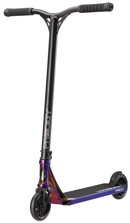 Introducing the Blunt Envy Prodigy X Complete Stunt Scooter in Burnt Pipe - a sleek blend of black and purple, featuring a sturdy T-bar handle and black wheels. The deck and neck showcase an iridescent finish, with "Prodigy X" elegantly displayed on the handlebar stem.