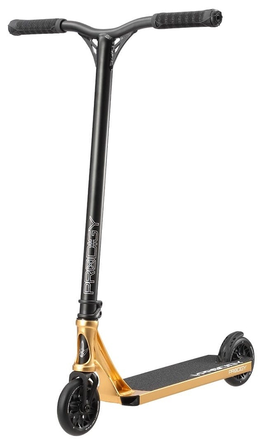 The Blunt Envy Prodigy X Complete Stunt Scooter in gold, from the acclaimed Blunt Envy brand, features a sleek T-bar handle. Its deck is stylishly designed with a gold finish and black grip tape, paired with black wheels. This compact, modern complete scooter is ideal for performing tricks.