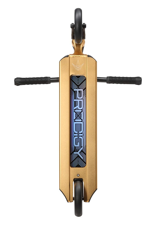 A top-down view of the Blunt Envy Prodigy X Complete Stunt Scooter - Gold highlights its futuristic design. The central deck is adorned with a bright blue digital display featuring geometric patterns and the text "PRX DEX." The handlebars extend horizontally, with wheels visible at both ends, exemplifying complete scooter innovation.