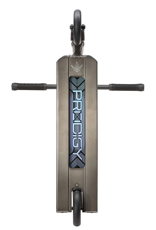 Top view of a grey Blunt Envy Prodigy X Street Edition Complete Stunt Scooter deck, showcasing its geometric graphic design. The handlebars extend on both sides, with wheels visible at the top and bottom, emphasizing the sleek Extech extrusion.